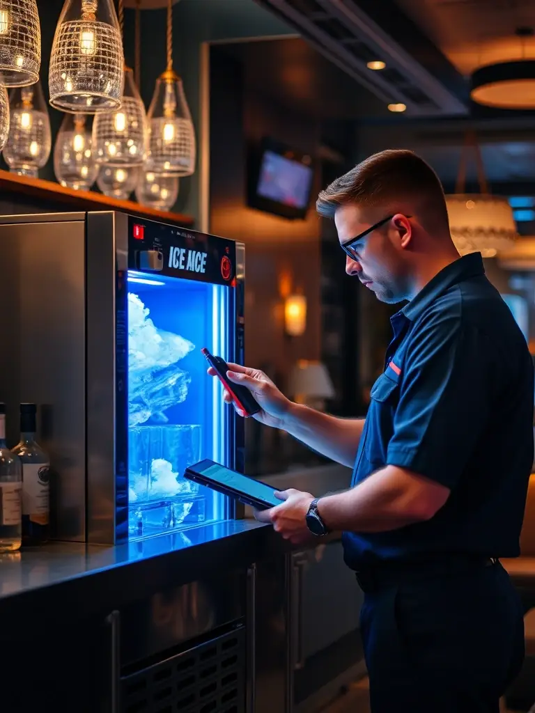 A technician diagnosing an issue with a commercial ice machine in a bar, using diagnostic tools to identify the problem quickly and efficiently.