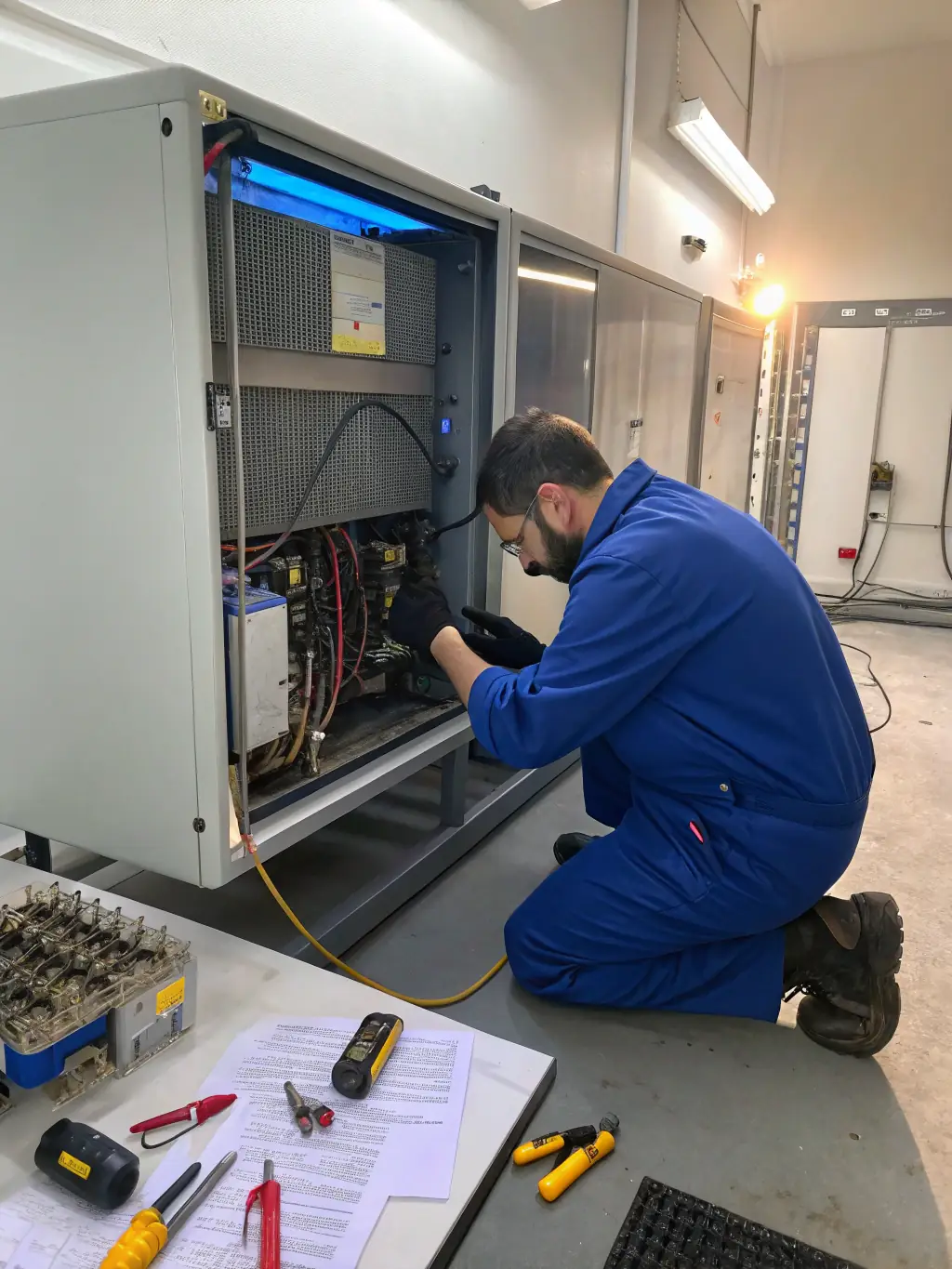 A technician working late at night, repairing a refrigeration unit in a restaurant, highlighting the 24/7 emergency repair service.