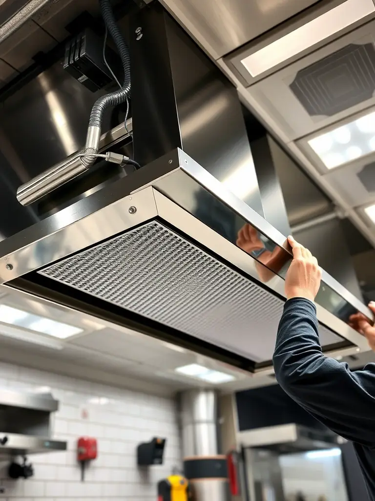 A wide shot of a newly installed HVAC system in a hotel kitchen, showcasing the modern equipment and professional installation.