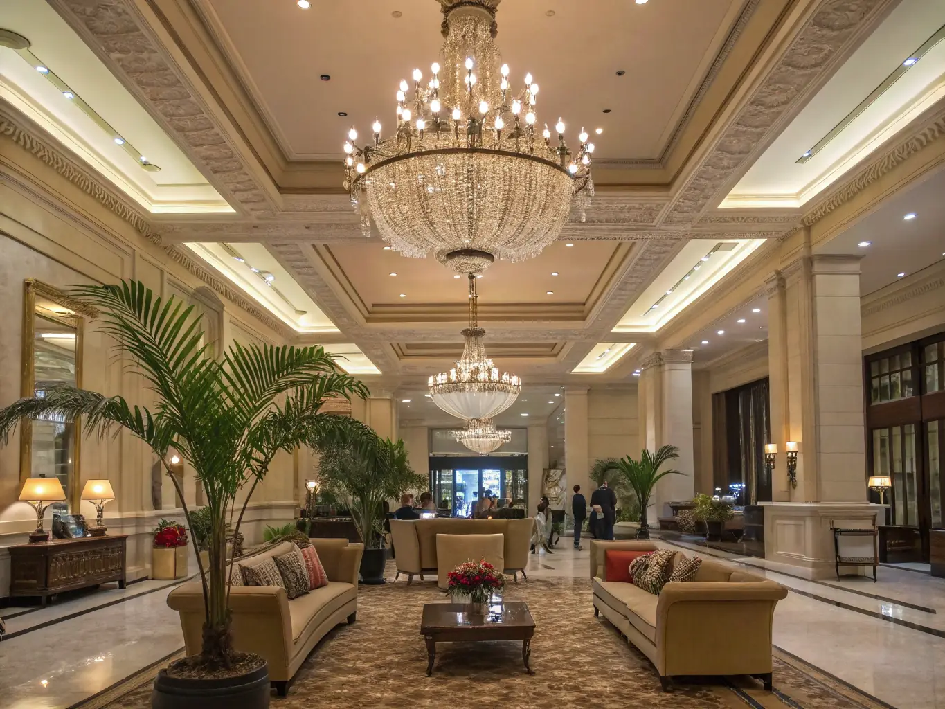 A luxury hotel lobby with a sophisticated HVAC system ensuring a comfortable temperature. The image should convey elegance and comfort.
