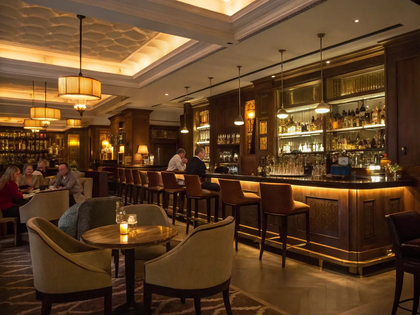 A stylish bar interior with a discreetly installed and well-maintained air conditioning unit. The image should suggest a comfortable and inviting atmosphere.