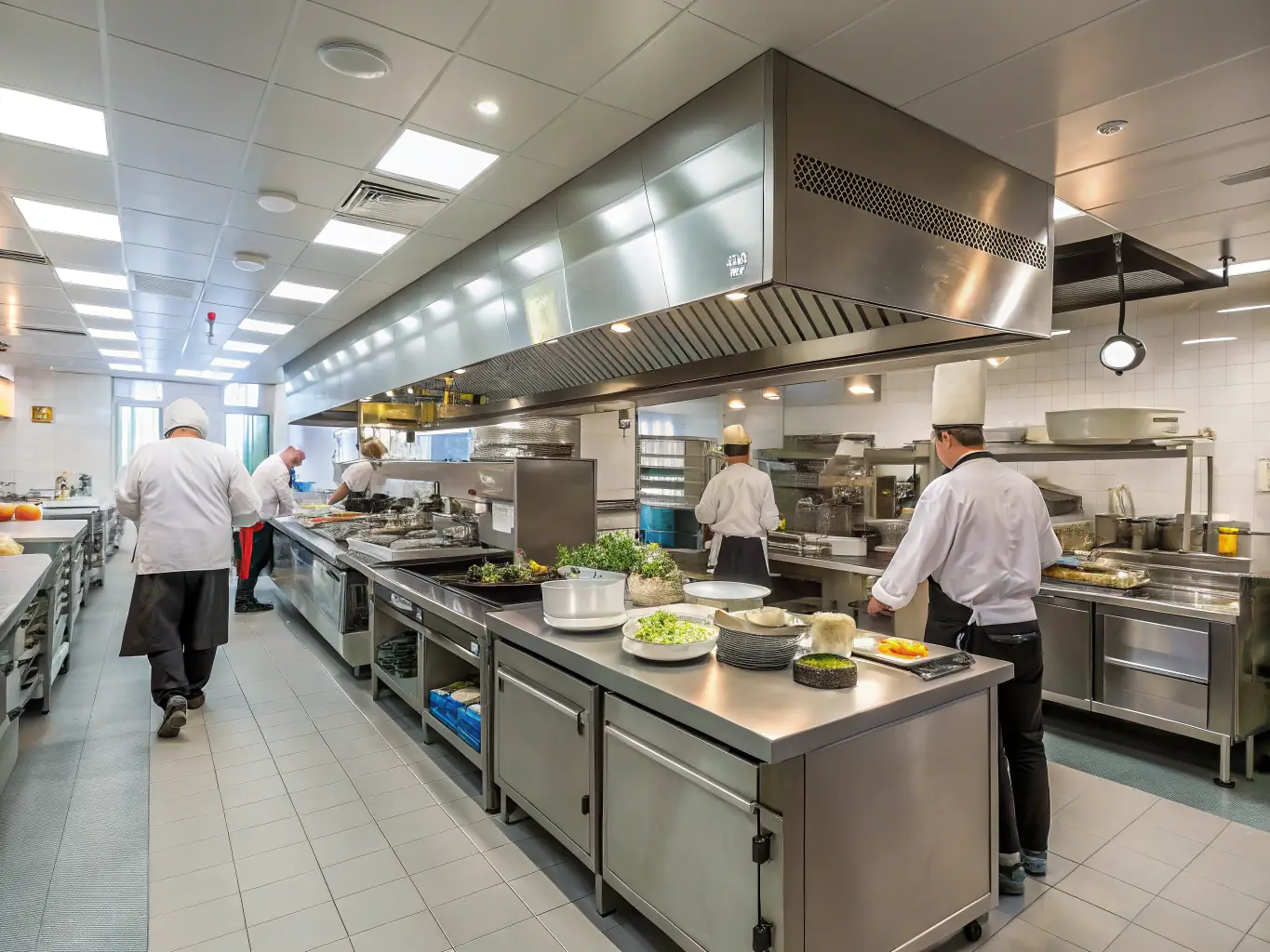A modern restaurant kitchen with a stainless steel ventilation hood system installed above the cooking area. The image should convey cleanliness and efficiency.
